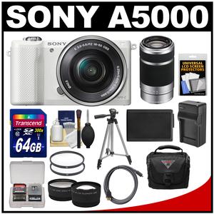 Sony Alpha A5000 Wi-Fi Digital Camera & 16-50mm Lens (White) with 55-210mm Lens + 64GB Card + Case + Battery/Charger + Tripod + Tele/Wide Lens Kit
