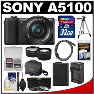 Sony Alpha A5100 Wi-Fi Digital Camera & 16-50mm Lens (Black) with 32GB Card + Case + Battery & Charger + Tripod + Filters + Tele/Wide Lens Kit
