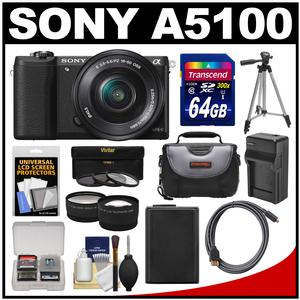 Sony Alpha A5100 Wi-Fi Digital Camera & 16-50mm Lens (Black) with 64GB Card + Case + Battery & Charger + Tripod + Filters + Tele/Wide Lens Kit