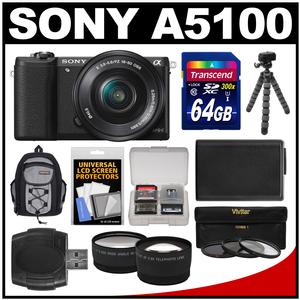 Sony Alpha A5100 Wi-Fi Digital Camera & 16-50mm Lens (Black) with 64GB Card + Backpack + Battery + Tripod + Filters + Tele/Wide Lens Kit