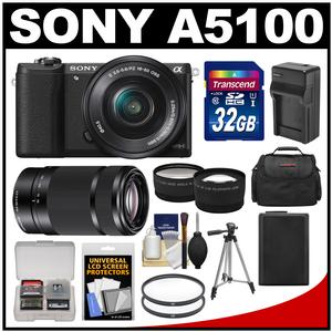 Sony Alpha A5100 Wi-Fi Digital Camera & 16-50mm Lens (Black) with 55-210mm Lens + 32GB Card + Case + Battery & Charger + Tripod + Tele/Wide Lens Kit