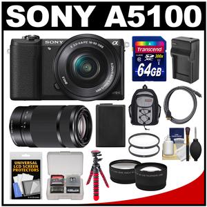Sony Alpha A5100 Wi-Fi Digital Camera & 16-50mm Lens (Black) with 55-210mm Lens + 64GB Card + Backpack + Battery/Charger + Tripod + Tele/Wide Lens Kit