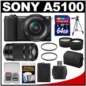 Sony Alpha A5100 Wi-Fi Digital Camera & 16-50mm Lens (Black) with 55-210mm Lens + 64GB Card + Case + Battery + Filters + Tripod + Tele/Wide Lens Kit