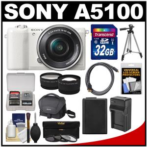 Sony Alpha A5100 Wi-Fi Digital Camera & 16-50mm Lens (White) with 32GB Card + Case + Battery & Charger + Tripod + Filters + Tele/Wide Lens Kit