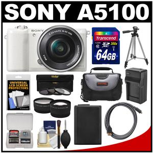 Sony Alpha A5100 Wi-Fi Digital Camera & 16-50mm Lens (White) with 64GB Card + Case + Battery & Charger + Tripod + Filters + Tele/Wide Lens Kit