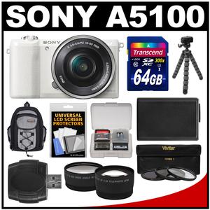 Sony Alpha A5100 Wi-Fi Digital Camera & 16-50mm Lens (White) with 64GB Card + Backpack + Battery + Tripod + Filters + Tele/Wide Lens Kit