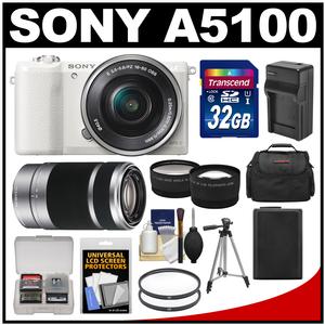Sony Alpha A5100 Wi-Fi Digital Camera & 16-50mm Lens (White) with 55-210mm Lens + 32GB Card + Case + Battery & Charger + Tripod + Tele/Wide Lens Kit