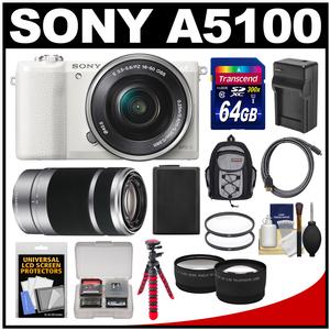 Sony Alpha A5100 Wi-Fi Digital Camera & 16-50mm Lens (White) with 55-210mm Lens + 64GB Card + Backpack + Battery/Charger + Tripod + Tele/Wide Lens Kit