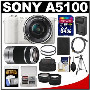 Sony Alpha A5100 Wi-Fi Digital Camera & 16-50mm Lens (White) with 55-210mm Lens + 64GB Card + Case + Battery/Charger + Tripod + Tele/Wide Lens Kit