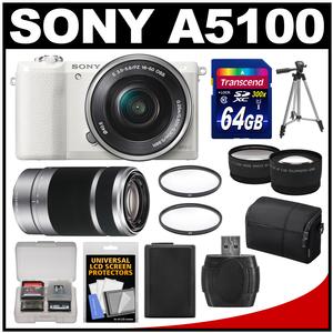 Sony Alpha A5100 Wi-Fi Digital Camera & 16-50mm Lens (White) with 55-210mm Lens + 64GB Card + Case + Battery + Filters + Tripod + Tele/Wide Lens Kit