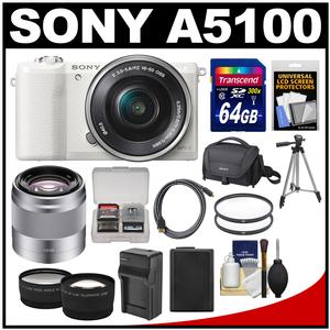Sony Alpha A5100 Wi-Fi Digital Camera & 16-50mm Lens (White) with 50mm f/1.8 Lens + 64GB Card + Case + Battery & Charger + Tripod + Tele/Wide Lens Kit