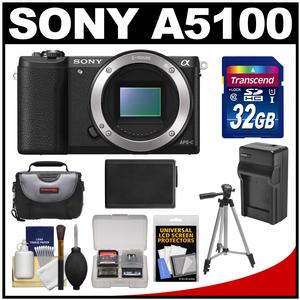 Sony Alpha A5100 Wi-Fi Digital Camera Body (Black) with 32GB Card + Case + Battery & Charger + Tripod + Kit