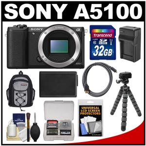 Sony Alpha A5100 Wi-Fi Digital Camera Body (Black) with 32GB Card + Backpack + Battery & Charger + Tripod + Kit