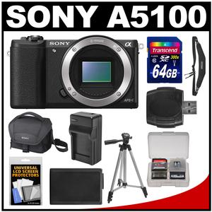 Sony Alpha A5100 Wi-Fi Digital Camera Body (Black) with 64GB Card + Case + Battery & Charger + Tripod + Strap + Kit