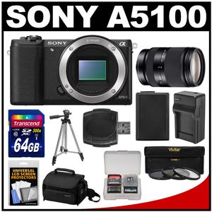 Sony Alpha A5100 Wi-Fi Digital Camera Body (Black) with 18-200mm LE Zoom Lens + 64GB Card + Case + Battery & Charger + Tripod + Kit