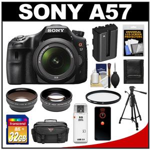 Sony Alpha SLT-A57 Translucent Mirror Technology Digital SLR Camera Body & 18-55mm Lens + 32GB Card + Battery + Filter + Case + Tripod + Remote + Telephoto & Wi - Digital Cameras and Accessories - Hip Lens.com