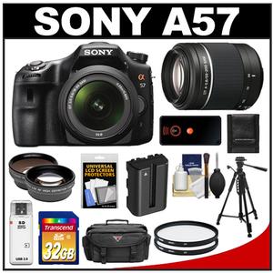 Sony Alpha SLT-A57 Translucent Mirror Technology Digital SLR Camera Body & 18-55mm Lens with 55-200mm Lens + 32GB Card + Battery + Filters + Case + Tripod + Rem - Digital Cameras and Accessories - Hip Lens.com