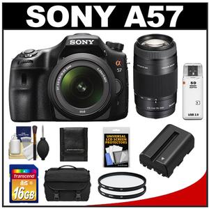 Sony Alpha SLT-A57 Translucent Mirror Technology Digital SLR Camera Body & 18-55mm Lens with 75-300mm Zoom Lens + 16GB Card + Battery + (2) Filters + Case + Acc - Digital Cameras and Accessories - Hip Lens.com