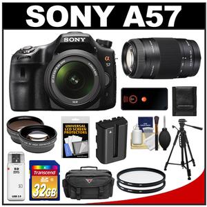 Sony Alpha SLT-A57 Translucent Mirror Technology Digital SLR Camera Body & 18-55mm Lens with 75-300mm Lens + 32GB Card + Battery + Filters + Case + Tripod + Rem - Digital Cameras and Accessories - Hip Lens.com