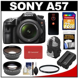 Sony Alpha SLT-A57 Translucent Mirror Technology Digital SLR Camera Body & 18-55mm Lens with 32GB Card + Backpack + Battery + Remote + Tele/Wide-Angle Lens + Fi - Digital Cameras and Accessories - Hip Lens.com