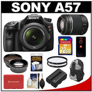 Sony Alpha SLT-A57 Translucent Mirror Technology Digital SLR Camera Body & 18-55mm Lens with 55-200mm Lens + 32GB Card + Backpack + Battery + 2 Lens Set + Filte - Digital Cameras and Accessories - Hip Lens.com