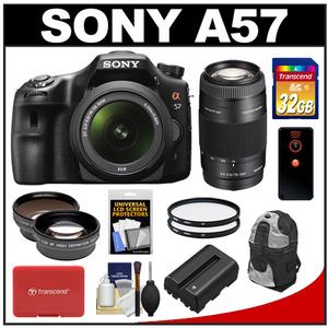 Sony Alpha SLT-A57 Translucent Mirror Technology Digital SLR Camera Body & 18-55mm Lens with 75-300mm Lens + 32GB Card + Backpack + Battery + Filters + Remote + - Digital Cameras and Accessories - Hip Lens.com