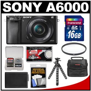 Sony Alpha A6000 Wi-Fi Digital Camera & 16-50mm Lens (Black) with 16GB Card + Case + Battery + Flex Tripod + Filter Kit