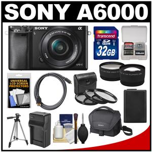 Sony Alpha A6000 Wi-Fi Digital Camera & 16-50mm Lens (Black) with 32GB Card + Case + Battery/Charger + Tripod + Tele/Wide Lens Kit