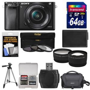 Sony Alpha A6000 Wi-Fi Digital Camera & 16-50mm Lens (Black) with 64GB Card + Case + Battery + Tripod + Tele/Wide Lenses + 3 UV/CPL/ND8 Filter Kit