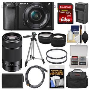 Sony Alpha A6000 Wi-Fi Digital Camera & 16-50mm Lens (Black) with 55-210mm Lens + 64GB Card + Case + Battery/Charger + Tripod + Kit