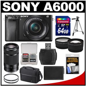 Sony Alpha A6000 Wi-Fi Digital Camera & 16-50mm Lens (Black) with 55-210mm Lens + 64GB Card + Case + Battery + Tripod + Tele/Wide Lens Kit