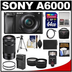 Sony Alpha A6000 Wi-Fi Digital Camera & 16-50mm Lens (Black) with 55-210mm Lens + 64GB Card + Case + Flash + Battery/Charger + Tripod Kit