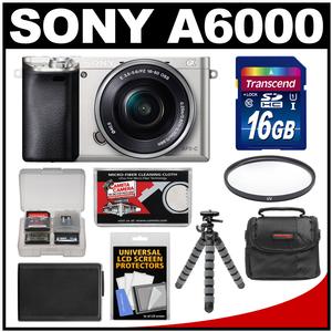 Sony Alpha A6000 Wi-Fi Digital Camera & 16-50mm Lens (Silver) with 16GB Card + Case + Battery + Flex Tripod + Filter Kit