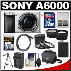 Sony Alpha A6000 Wi-Fi Digital Camera & 16-50mm Lens (Silver) with 32GB Card + Case + Battery/Charger + Tripod + Tele/Wide Lens Kit