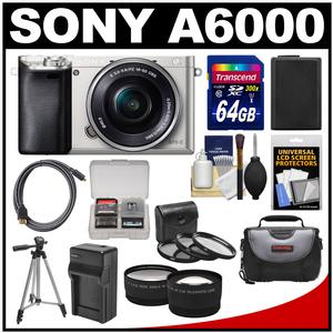 Sony Alpha A6000 Wi-Fi Digital Camera & 16-50mm Lens (Silver) with 64GB Card + Case + Battery/Charger + Tripod + Tele/Wide Lens Kit