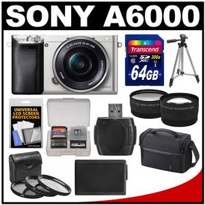 Sony Alpha A6000 Wi-Fi Digital Camera & 16-50mm Lens (Silver) with 64GB Card + Case + Battery + Tripod + Tele/Wide Lenses + 3 UV/CPL/ND8 Filter Kit