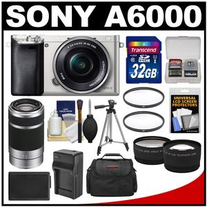 Sony Alpha A6000 Wi-Fi Digital Camera & 16-50mm Lens (Silver) with 55-210mm Lens + 32GB Card + Case + Battery/Charger + Tripod + Tele/Wide Lens Kit
