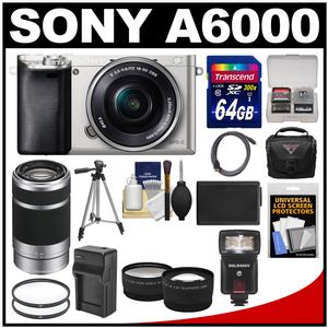Sony Alpha A6000 Wi-Fi Digital Camera & 16-50mm Lens (Silver) with 55-210mm Lens + 64GB Card + Case + Flash + Battery/Charger + Tripod Kit