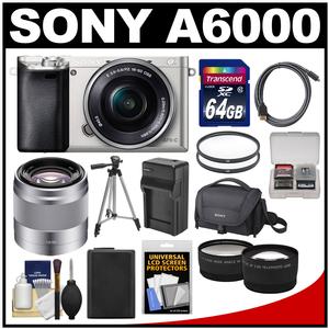 Sony Alpha A6000 Wi-Fi Digital Camera & 16-50mm Lens (Silver) with 50mm f/1.8 Lens + 64GB Card + Case + Battery/Charger + Tripod + Tele/Wide Lens Kit