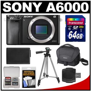 Sony Alpha A6000 Wi-Fi Digital Camera Body (Black) with 64GB Card + Case + Battery + Tripod + Accessory Kit