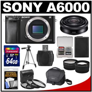 Sony Alpha A6000 Wi-Fi Digital Camera Body (Black) with 20mm f/2.8 Lens + 64GB Card + Case + Battery + Tripod + Tele/Wide Lens Kit