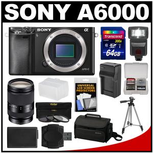 Sony Alpha A6000 Wi-Fi Digital Camera Body (Black) with 18-200mm LE Zoom Lens + 64GB Card + Case + Flash + Battery/Charger + Tripod Kit