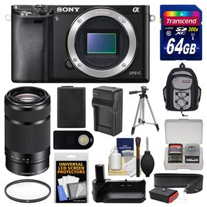 Sony Alpha A6000 Wi-Fi Digital Camera Body (Black) with 55-210mm Lens + 64GB Card + Backpack + Battery & Charger + Grip + Tripod + Filter Kit