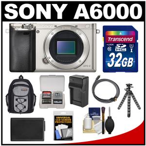 Sony Alpha A6000 Wi-Fi Digital Camera Body (Silver) with 32GB Card + Case + Battery/Charger + Tripod + Accessory Kit