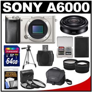 Sony Alpha A6000 Wi-Fi Digital Camera Body (Silver) with 20mm f/2.8 Lens + 64GB Card + Case + Battery + Tripod + Tele/Wide Lens Kit