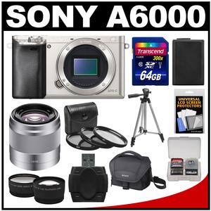 Sony Alpha A6000 Wi-Fi Digital Camera Body (Silver) with 50mm f/1.8 OSS Lens + 64GB Card + Case + Battery + Tripod + Tele/Wide Lens Kit