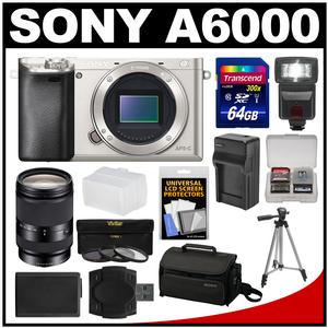 Sony Alpha A6000 Wi-Fi Digital Camera Body (Silver) with 18-200mm LE Zoom Lens + 64GB Card + Case + Flash + Battery/Charger + Tripod Kit