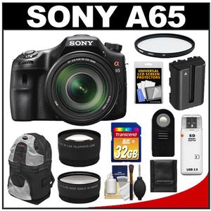 Sony Alpha SLT-A65 Translucent Mirror Technology Digital SLR Camera Body & 18-135mm Lens with 32GB Card + Battery + Backpack + Remote + Filter + Telephoto & Wid - Digital Cameras and Accessories - Hip Lens.com