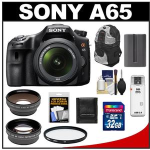 Sony Alpha SLT-A65 Translucent Mirror Technology Digital SLR Camera Body & 18-55mm Lens with 32GB Card + Battery + Filter + Sling Backpack + Telephoto & Wide-An - Digital Cameras and Accessories - Hip Lens.com