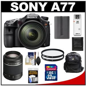 Sony Alpha SLT-A77 Translucent Mirror Technology Digital SLR Camera Body & 16-50mm Lens with DT 55-200mm Lens + 32GB Card + Battery + (2) Filters + Backpack + A - Digital Cameras and Accessories - Hip Lens.com